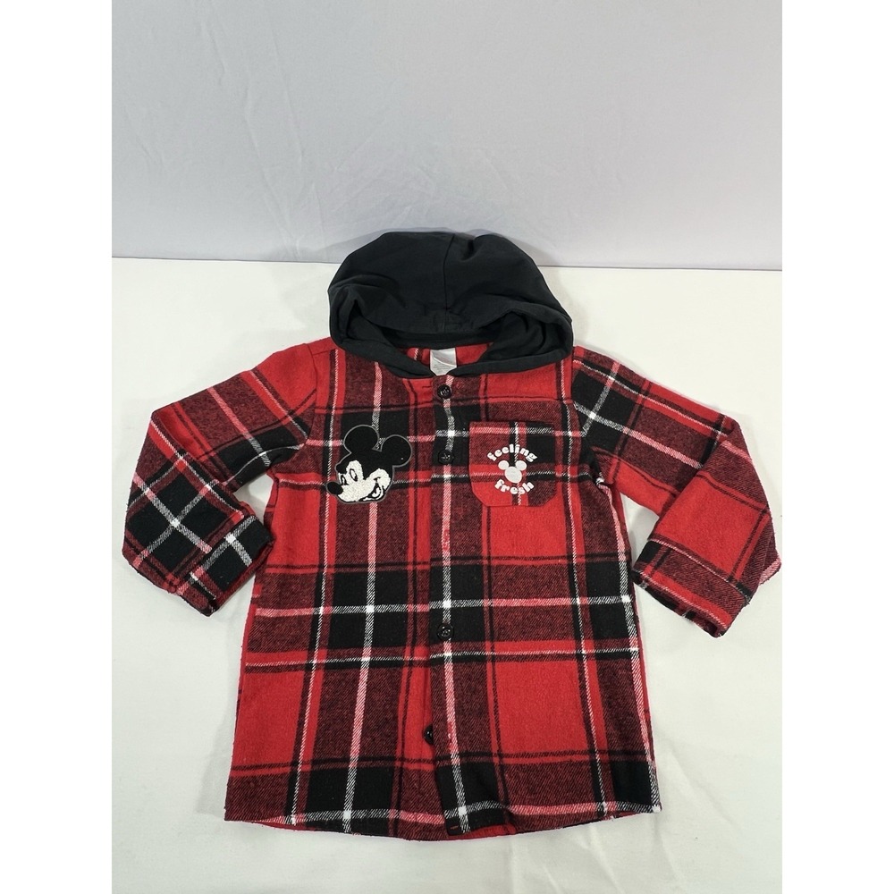 Disney Junior Mickey Mouse red and black plaid hooded shirt or jacket Size 5
